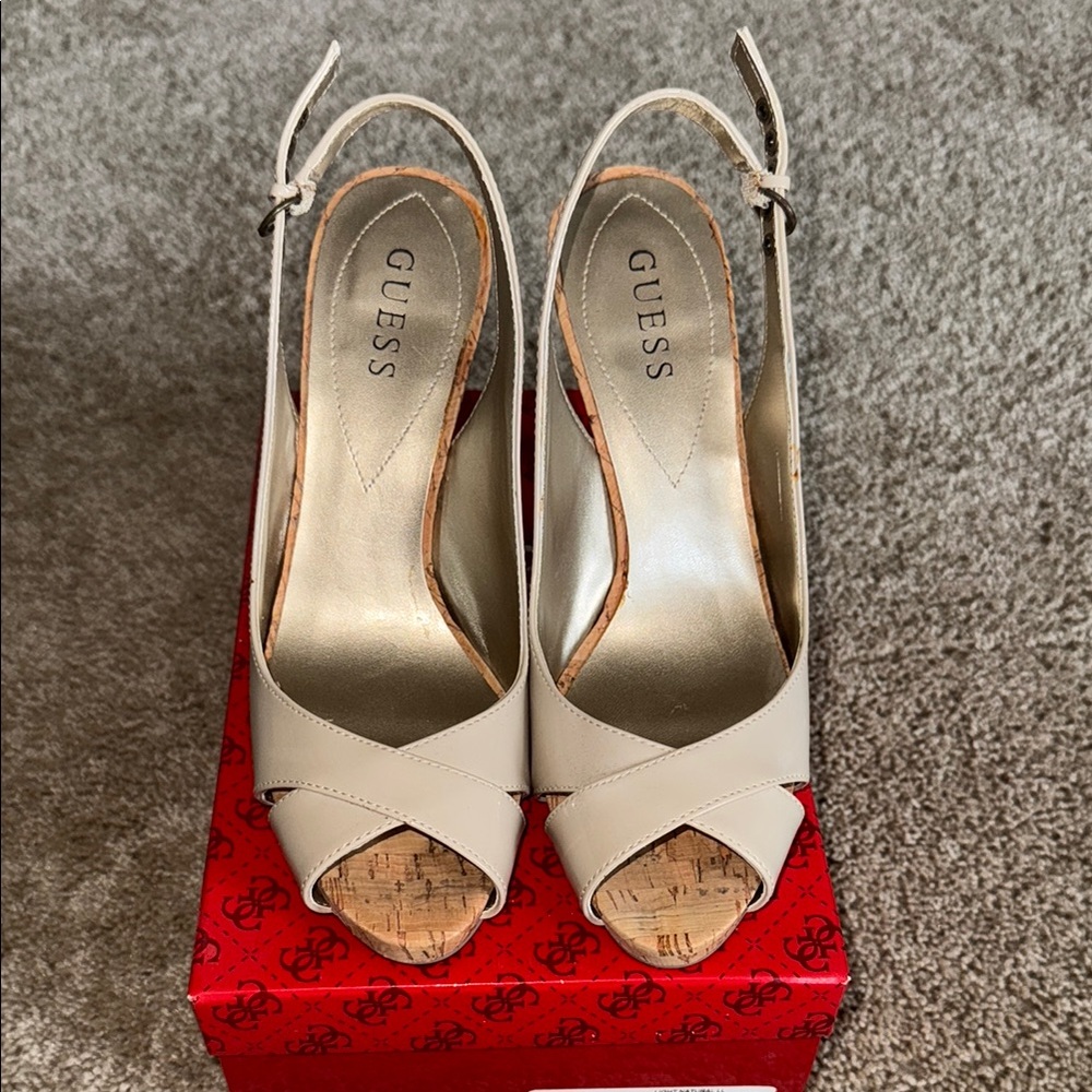 Guess Cream Peep-Toe Slingback Heels
